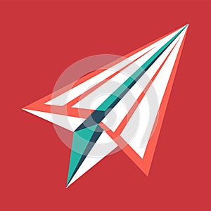 White and blue paper airplane flying on a bold red background, An understated design incorporating a paper airplane motif