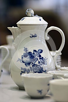 White blue porcelain coffee pot stillife Meissen