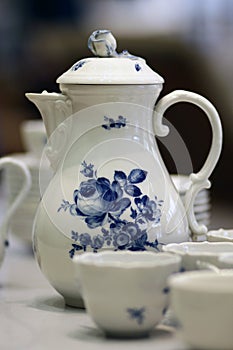 White blue porcelain coffee pot stillife Meissen photo