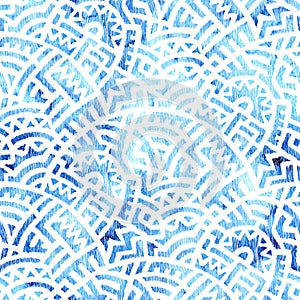 White and blue seamless pattern. Embroidered geometric watercolor print. Ethnic and tribal motives. Seigaiha watercolor ornament.