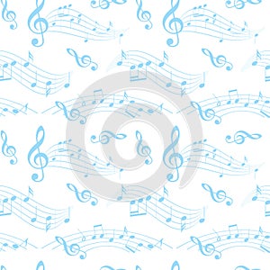 White and blue seamless pattern with wavy music notes - vector