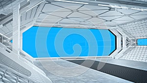 White blue spaceship futuristic interior mockup with window view 3d rendering