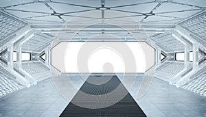 White blue spaceship futuristic interior mockup with window view 3d rendering