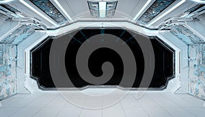 White blue spaceship futuristic interior mockup with window view 3d rendering