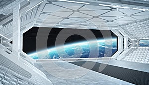 White blue spaceship futuristic interior with window view on planet Earth 3d rendering