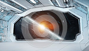 White blue spaceship futuristic interior with window view on planet Earth 3d rendering