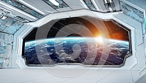 White blue spaceship futuristic interior with window view on planet Earth 3d rendering