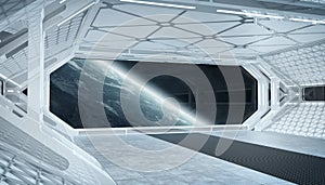 White blue spaceship futuristic interior with window view on planet Earth 3d rendering