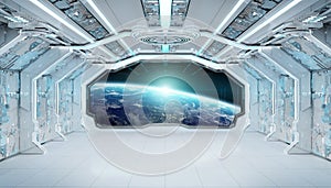 White blue spaceship futuristic interior with window view on planet Earth 3d rendering