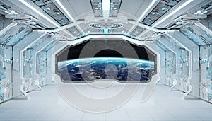 White blue spaceship futuristic interior with window view on planet Earth 3d rendering