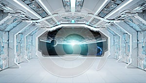 White blue spaceship futuristic interior with window view on planet Earth 3d rendering