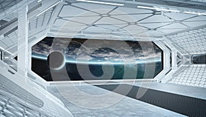 White blue spaceship futuristic interior with window view on planet Earth 3d rendering