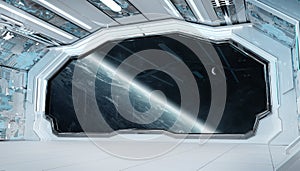 White blue spaceship futuristic interior with window view on planet Earth 3d rendering