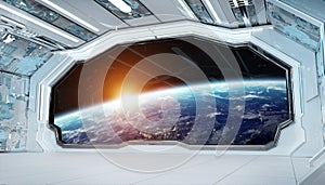 White blue spaceship futuristic interior with window view on planet Earth 3d rendering