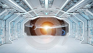 Biely modrý kozmická loď na planéta Zem  trojrozmerný obraz vytvorený pomocou počítačového modelu 