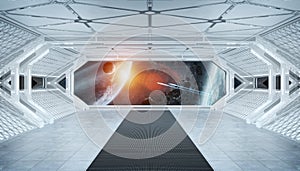 White blue spaceship futuristic interior with window view on space and planets 3d rendering