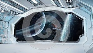 White blue spaceship futuristic interior with window view on space and planets 3d rendering