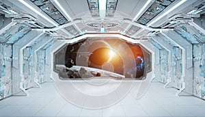 White blue spaceship futuristic interior with window view on space and planets 3d rendering