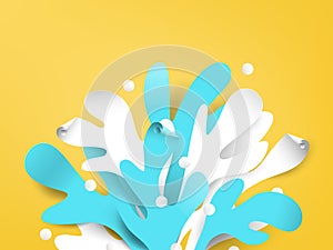 White and blue splash water and confetti on yellow background, paper art/paper cutting style