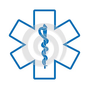 White and blue Star of Life medical symbol with Rod of Asclepius icon isolated on white background. First aid.