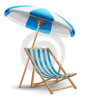 White and blue striped sun lounger and beach umbrella. Highly realistic illustration