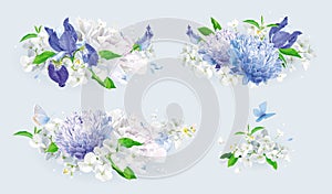 White and blue summer flowers bouquet set