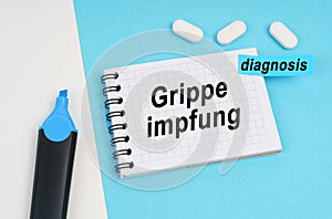 On a white and blue surface are pills, a marker and a notebook with the inscription - Grippe impfung