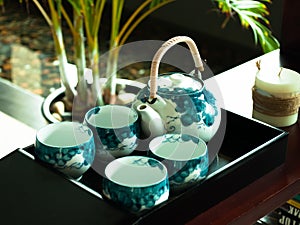 White and blue tea set