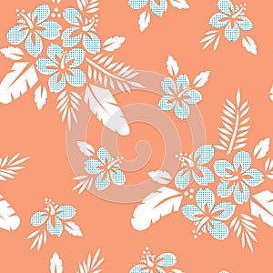 White and Blue Tropical Exotic Foliage, Hibiscus Floral Vector Seamless Pattern. Lush Tropical Palm Leaves