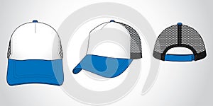 White-Blue Trucker Cap With Black Mesh Side and Back Panels Design
