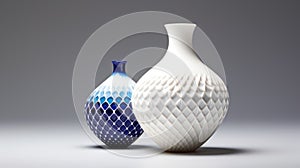 White And Blue Vases: Vibrant Geometrics And Engraved Ornaments