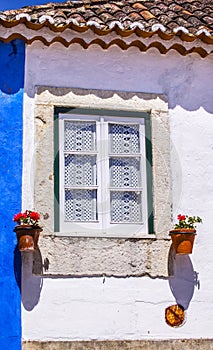 White Blue Wall Flowers Street Mediieval City Obidos Portugal