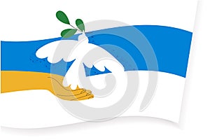 White-blue-white russian opposition and anti-war protesters flag with dove. Pigeon symbol of peace. Fight, hope, freedom