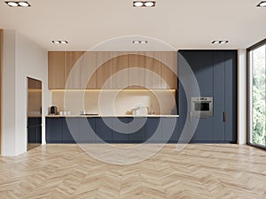 White, blue and wooden kitchen interior with fridge