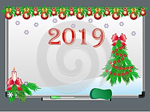 White board with Christmas and New Year decorations and the year 2019.