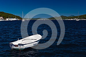 White boat at blue sea. Adriatic coast