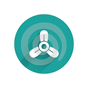 White Boat propeller, turbine icon isolated with long shadow. Green circle button. Vector