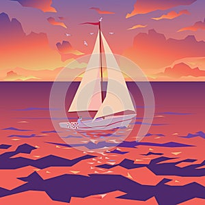 White boat with sail and red flag. Sunset on tropical ocean. Vector.