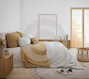 White boho bedroom with wooden furniture and blank picture frame