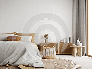 White boho bedroom with wooden and rattan furniture. 3d rendering