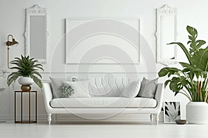 White Boho Living Room Interior, Mockup Photo Frame, The White Couch Near Empty White Wall - Generative AI