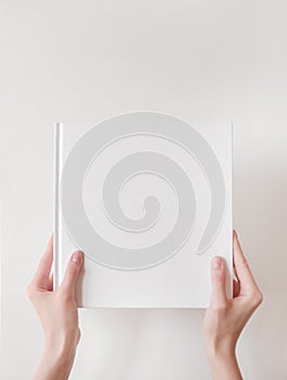 White book mockup. Square empty book. Album with clean pages in hands of woman. Clean book cover mockup