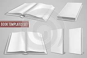 White book templates. Blank open book covers, closed brochure covers. Empty textbook with hardcover. Isolated vector