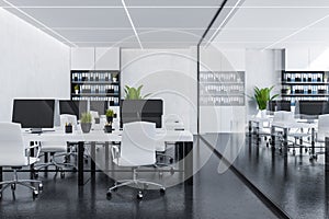 White bookcases office interior, glass wall