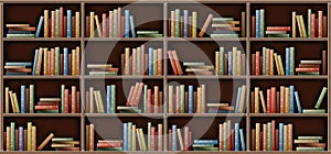 White bookshelf mockup, books on shelf in library