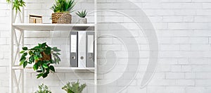 White bookshelf with plants and folders over wall