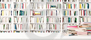 White Bookshelves in the library with blurred background 3d render