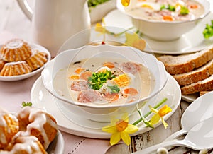 Polish Easter soup, white borscht with the addition of white sausage and a hard boiled egg. Traditional Easter dish in Poland