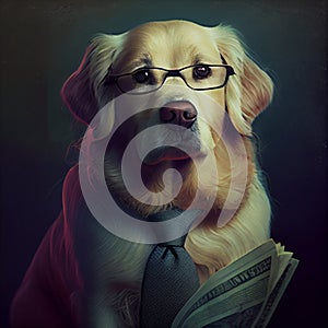 a white boss dog in a tie and glasses reads news from a fresh newspaper