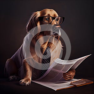 a white boss dog in a tie and glasses reads news from a fresh newspaper
